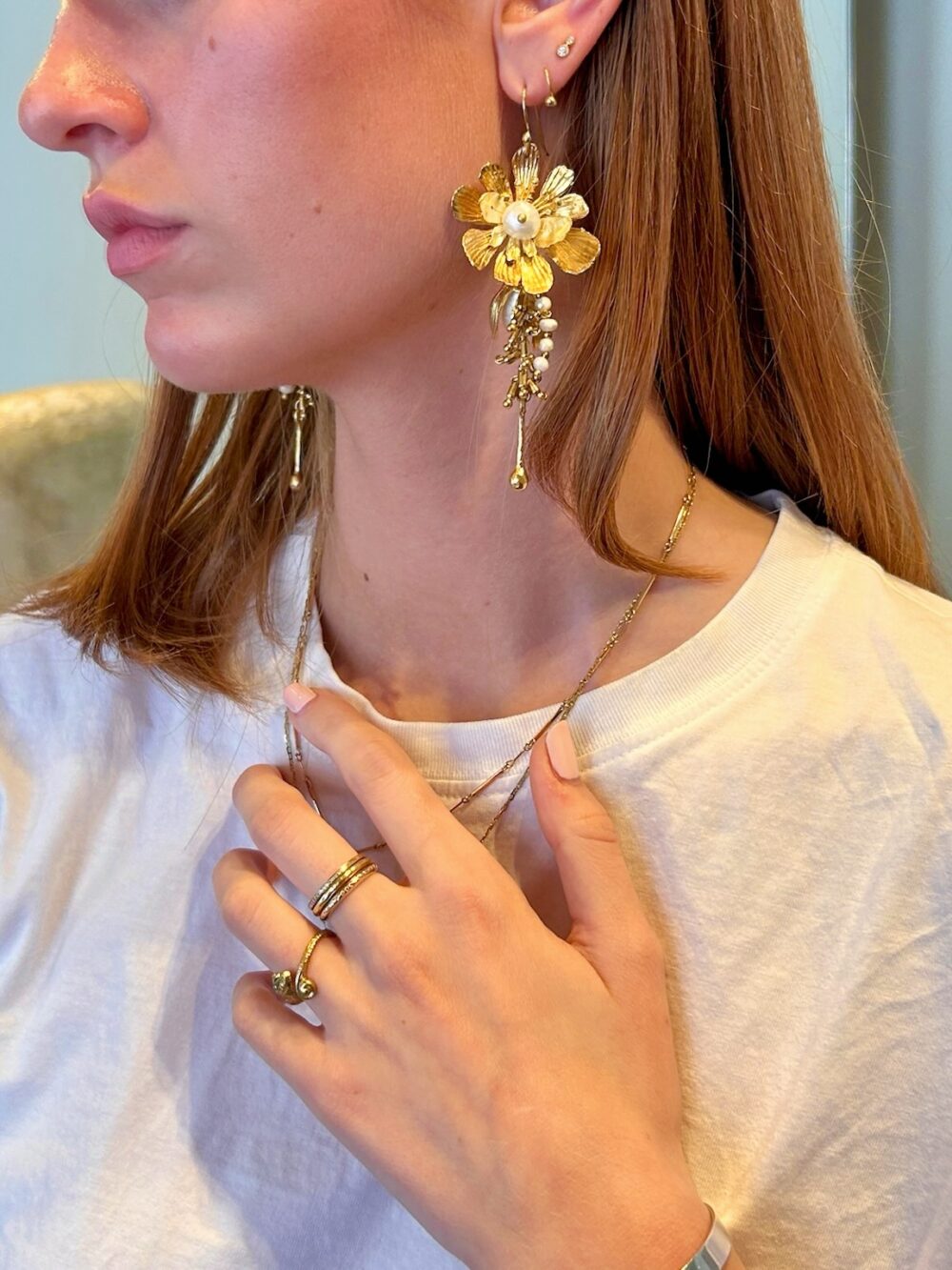 Large golden flower earrings
